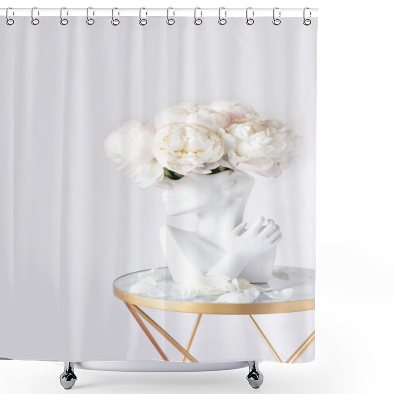 Personality  Bunch Of White Peonies In Human Head Vase Shower Curtains