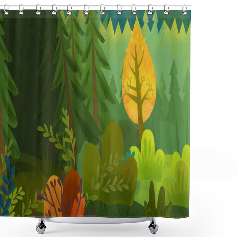 Personality  Cartoon Scene With Nature Forest And Animal Birds Illustration For Children Shower Curtains