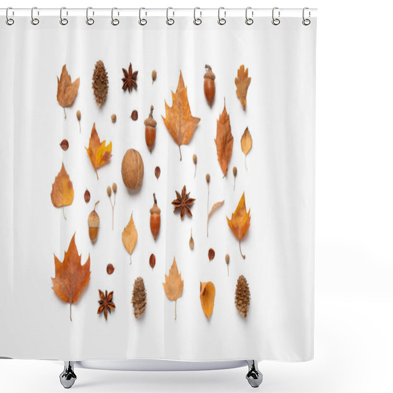 Personality  Flat Lay Composition With Autumn Leaves On White Background Shower Curtains