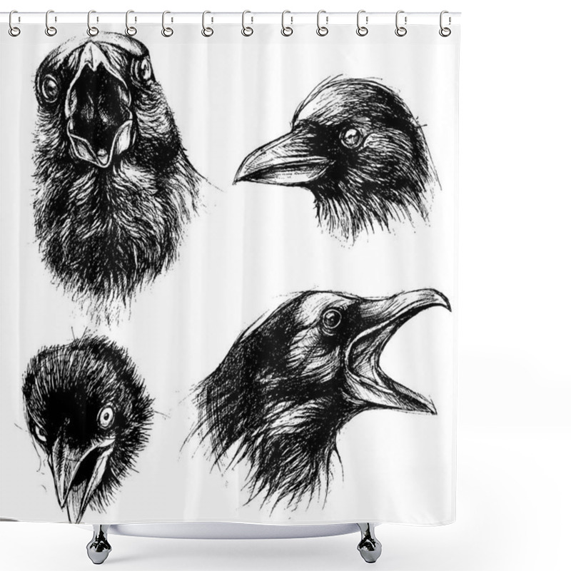 Personality  Crow Head Drawing Line Work Vector Shower Curtains