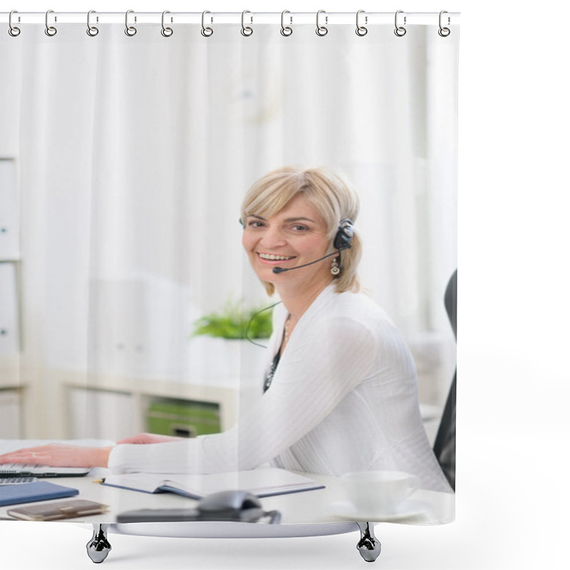 Personality  Happy Middle Age Business Woman With Headset Working At Office Shower Curtains