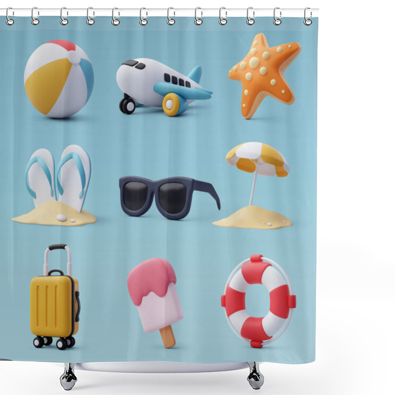 Personality  3d Vector Set Of Beach And Sea, Summer Journey, Time To Travel Concept. Shower Curtains