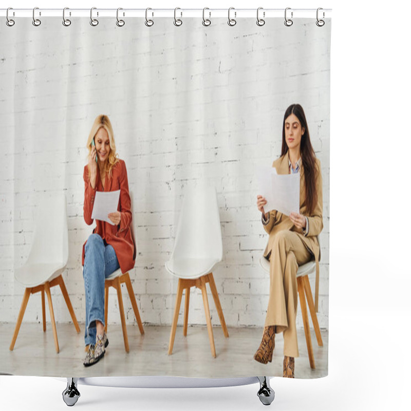 Personality  Group Of Women In Chairs, Awaiting A Job Interview. Shower Curtains