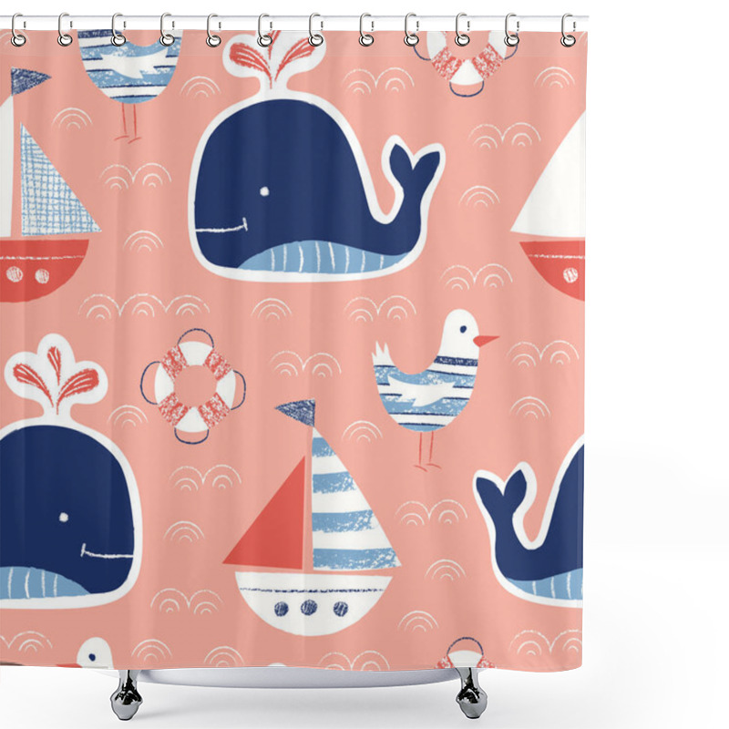 Personality  Whimsical Cute, Hand-Drawn With Crayons, Whale, Ship, Seagull, Lifebuoy Vector Seamless Pattern. Nautical Sea Creatures Shower Curtains