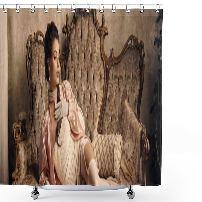 Personality  A Young Woman Embodies Mystical Grace As She Lounges Elegantly, Surrounded By Vintage Decor. Shower Curtains