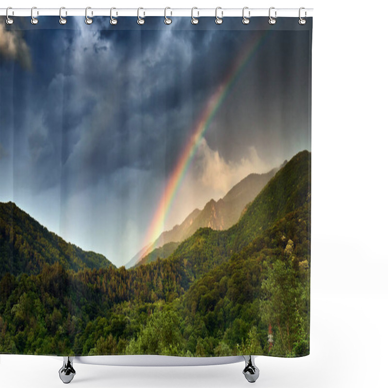 Personality  Beautiful Rainbow In Cloudy Sky Over Mountains Shower Curtains