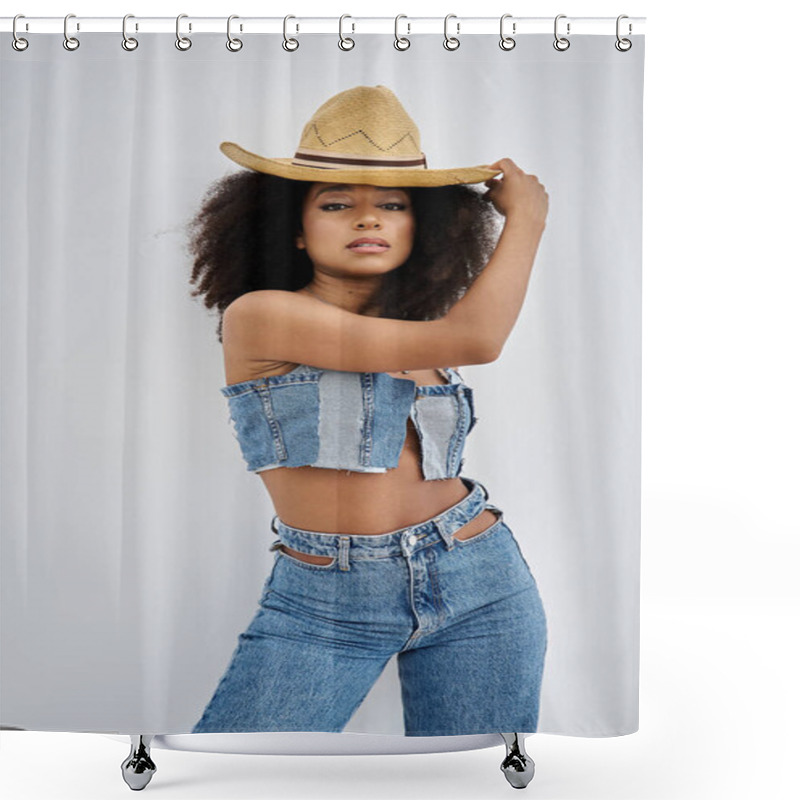 Personality  A Beautiful Young Woman Showcases Her Fashionable Style With Denim And A Straw Hat. Shower Curtains