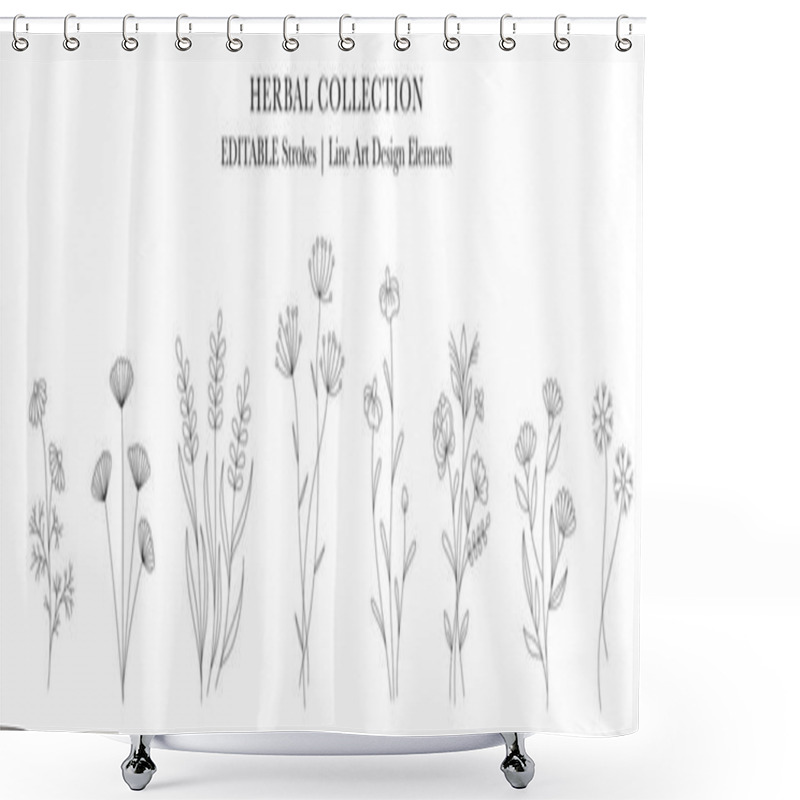 Personality  Herbal Collection. Editable Line Art Monochrome Design. Set Of Linear Floral Designs, Medicine Flowers And Plants. Vector Illustration Shower Curtains