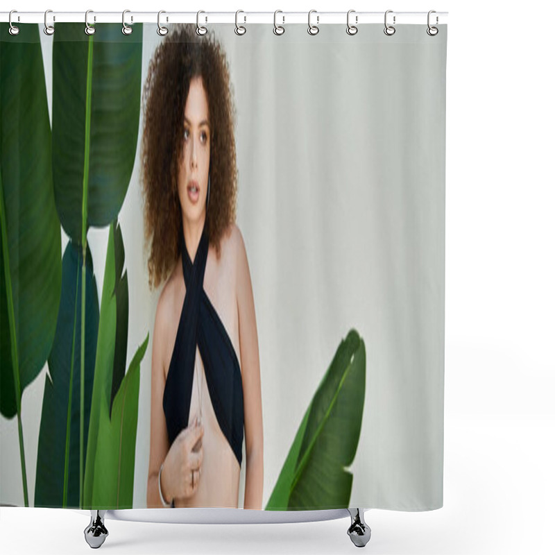 Personality  A Beautiful Woman With Curly Hair Poses By A Plant In A Black Swimsuit. Shower Curtains