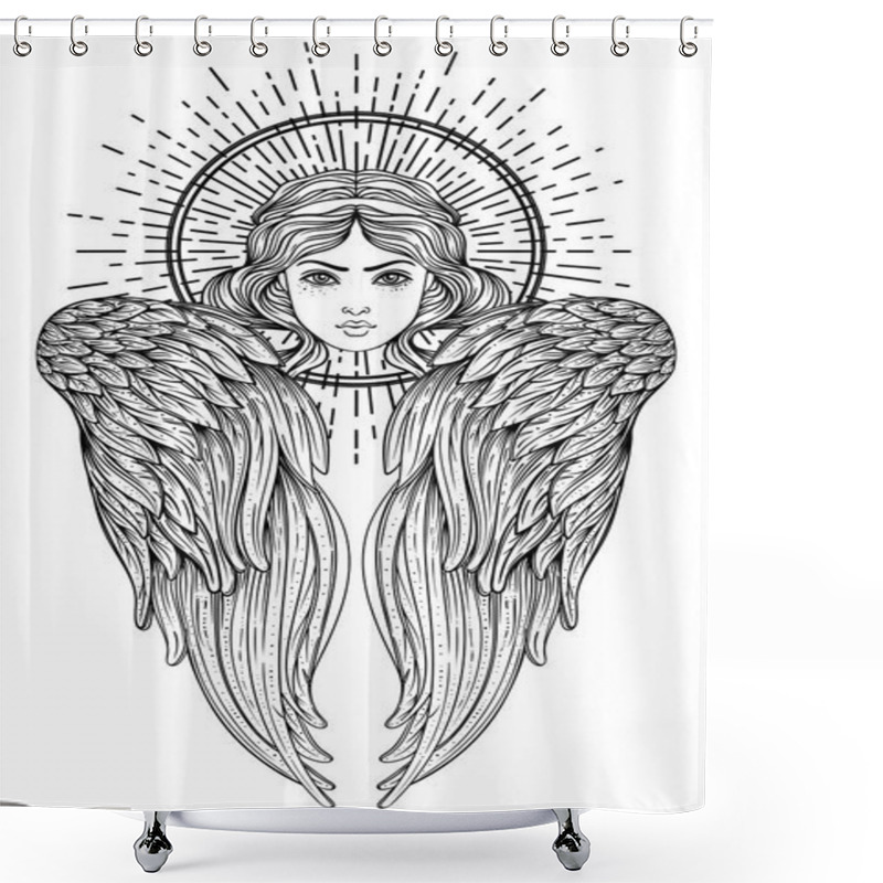 Personality  Sirin, Alkonost, Gamayun Mythological Creature Of Russian Legends. Angel Girl With Wings. Isolated Hand Drawn Vector Illustration. Trendy Vintage Style Element. Spirituality, Occultism, Alchemy, Magic Shower Curtains