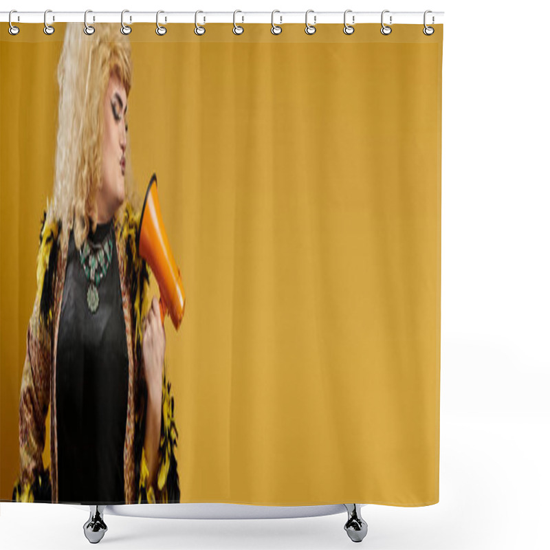 Personality  A Drag Queen In A Patterned Jacket And A Large Necklace Holds An Orange Megaphone. Shower Curtains