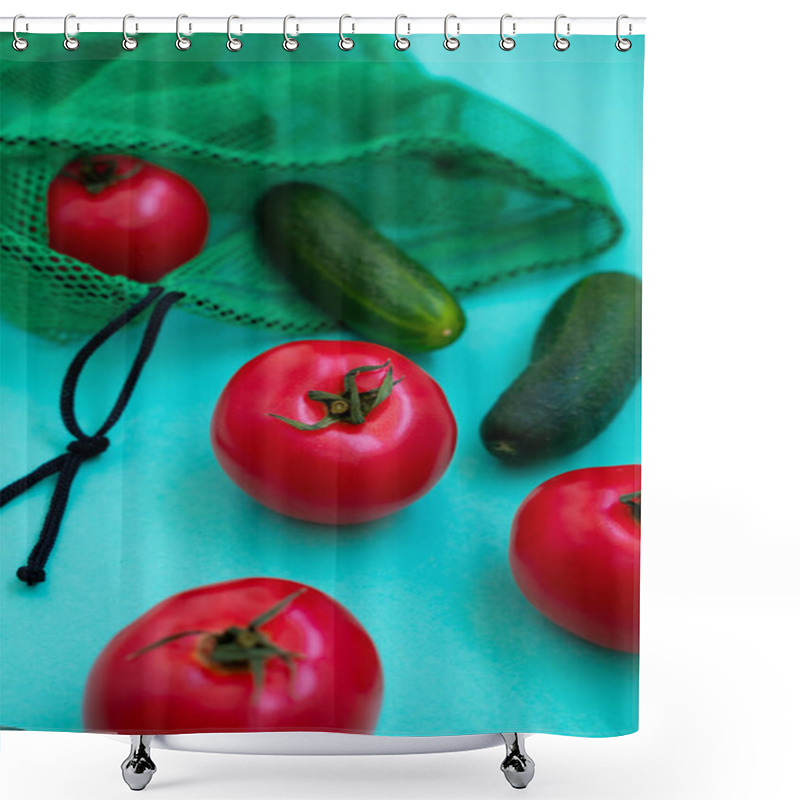 Personality  Tomatoes And Cucumbers On Blue Backdrop Shower Curtains