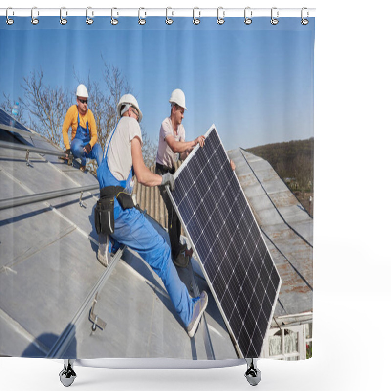 Personality  Electricians Lifting Blue Solar Module On Roof Of Modern House Shower Curtains