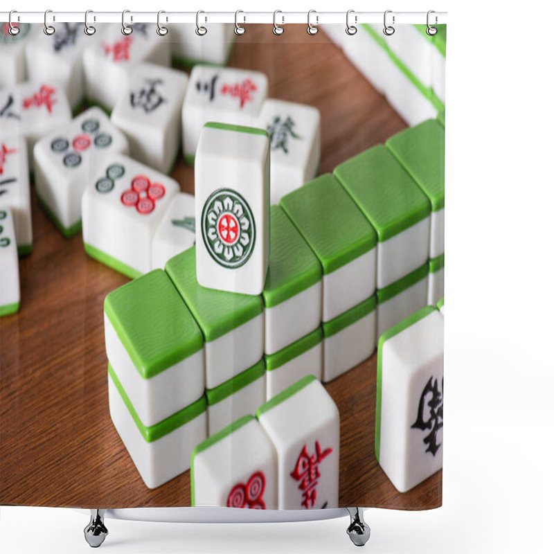 Personality  KYIV, UKRAINE - JANUARY 30, 2019: Selective Focus Of Mahjong Game Tiles With Signs And Symbols On Wooden Surface Shower Curtains