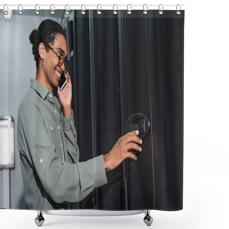 Personality  Cheerful African American Engineer Talking On Smartphone While Pushing Control Panel On Server Shower Curtains