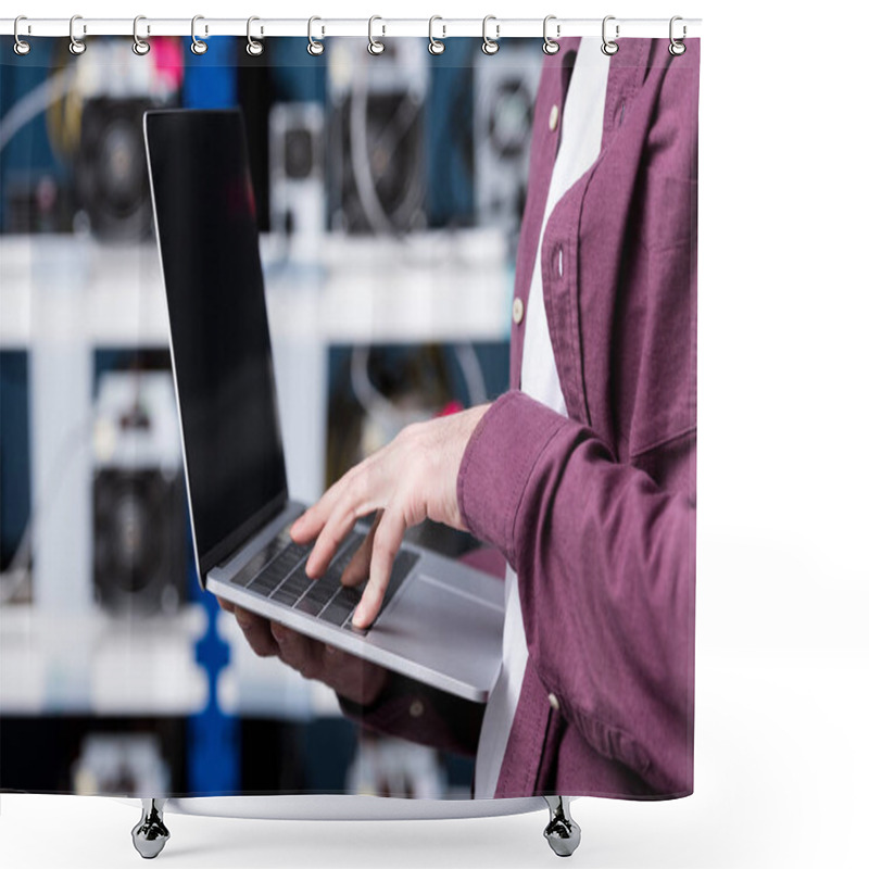 Personality  Cropped Shot Of Computer Engineer Working With Laptop At Cryptocurrency Mining Farm Shower Curtains