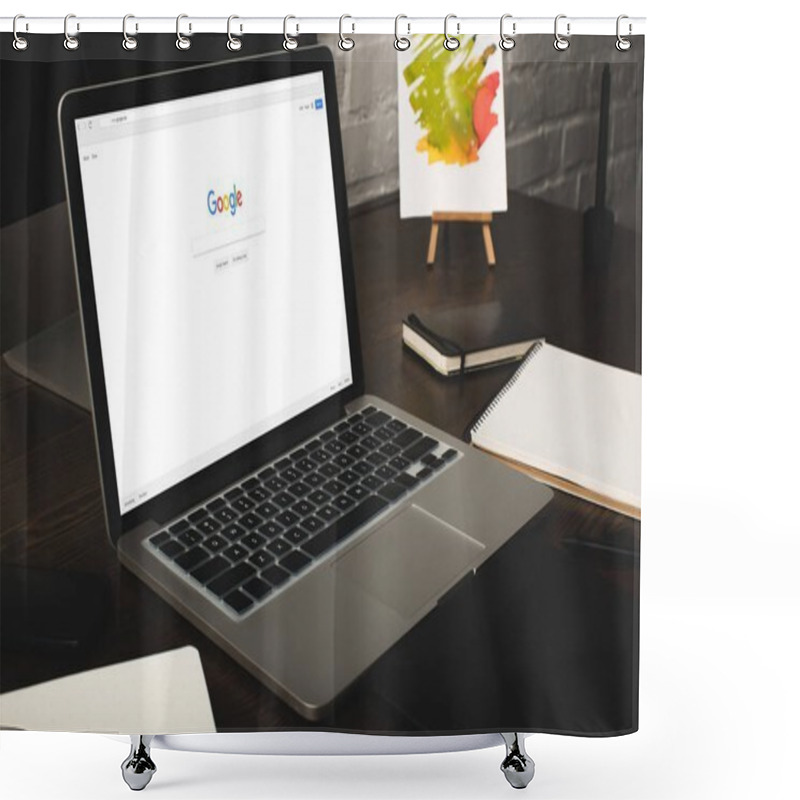 Personality  Designer Workplace With Laptop And Google Website On Screen  Shower Curtains