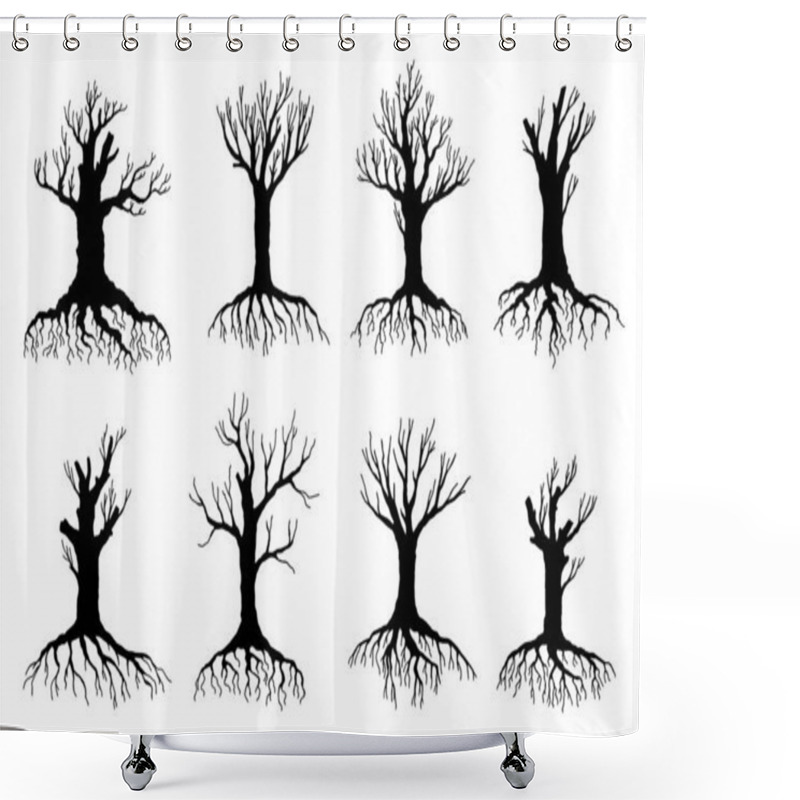 Personality  Dead And Withered Tree Vector Silhouettes Of Environment And Ecology Design. Old Dry Crooked Tree Isolated Objects, Black Bare Branches, Trunks, Roots And Leafless Crowns Of Forest Plants Shower Curtains