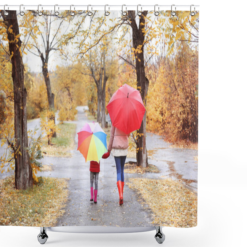 Personality  Mother And Daughter With Umbrellas Taking Walk In Autumn Park On Rainy Day Shower Curtains