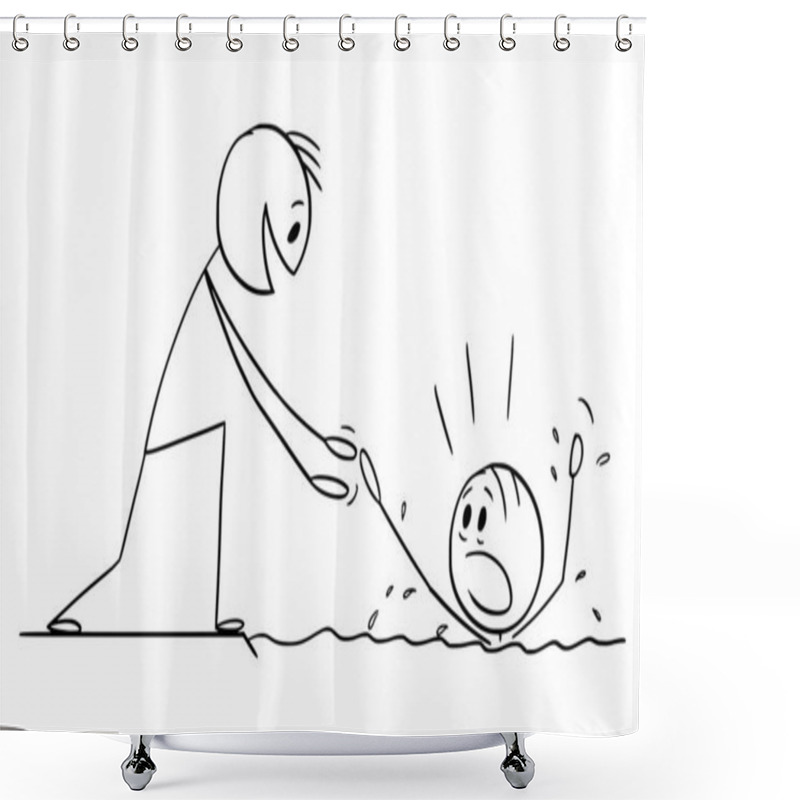 Personality  Person Is Drowning, Giving Help, Vector Cartoon Stick Figure Or Character Illustration. Shower Curtains