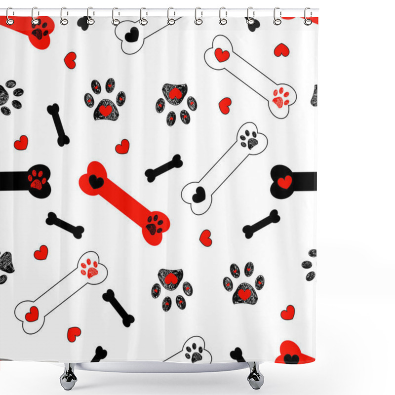 Personality  Black Paw Prints, Bone With Red Heart Vector Seamless Pattern For Fabric Design Background Shower Curtains