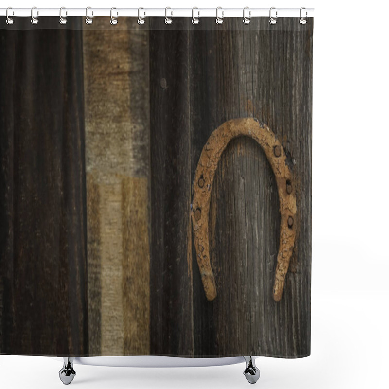 Personality  Lucky Rusty Old Horseshoe Hanging In The Barn. Rusty Horseshoe On An Old And Abandoned Farm Wooden House Shower Curtains