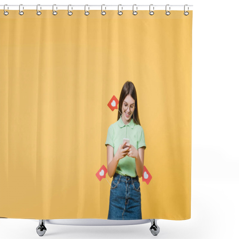 Personality  Smiling Teenager With Paper Hearts On Sticks Using Smartphone Isolated On Yellow Shower Curtains