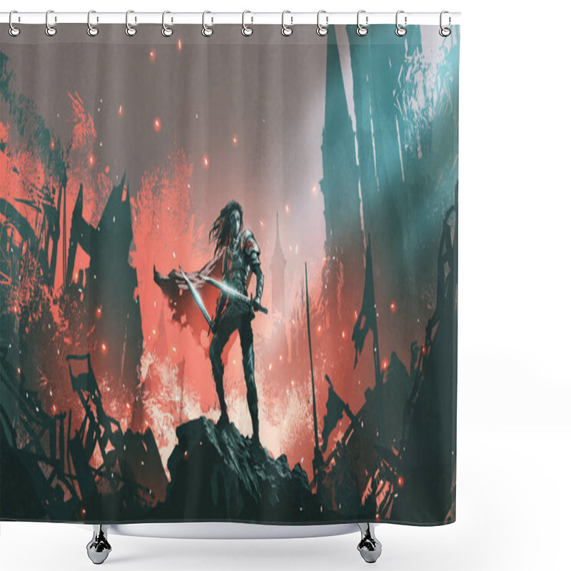 Personality  Knight With Twin Swords Standing On The Rubble Of A Burnt City, Digital Art Style, Illustration Painting Shower Curtains