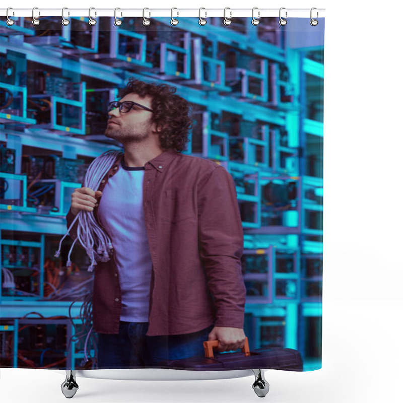 Personality  Young Computer Engineer With Wires On Shoulder At Ethereum Mining Farm Shower Curtains