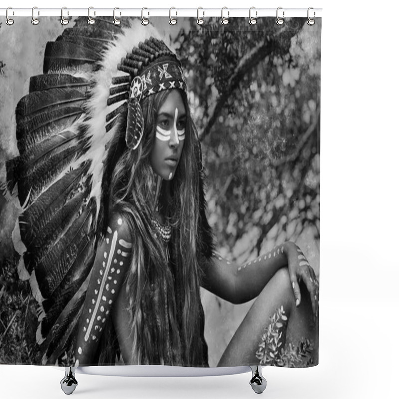 Personality  Beautiful Woman In Primitive Indian Hunter Concept Shower Curtains