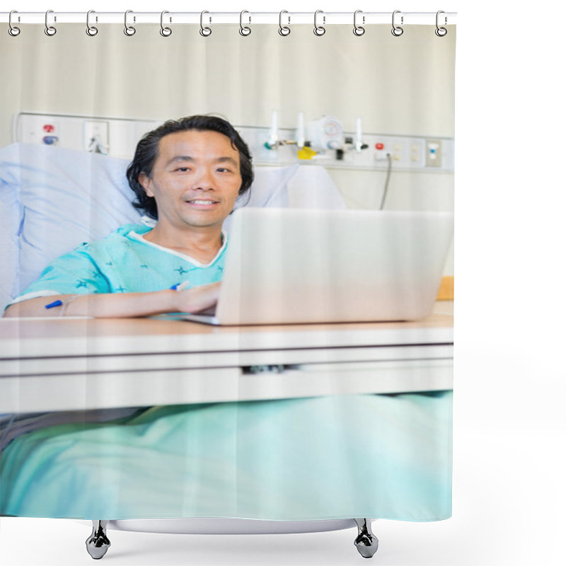 Personality  Happy Male Patient Using Laptop On Hospital Bed Shower Curtains