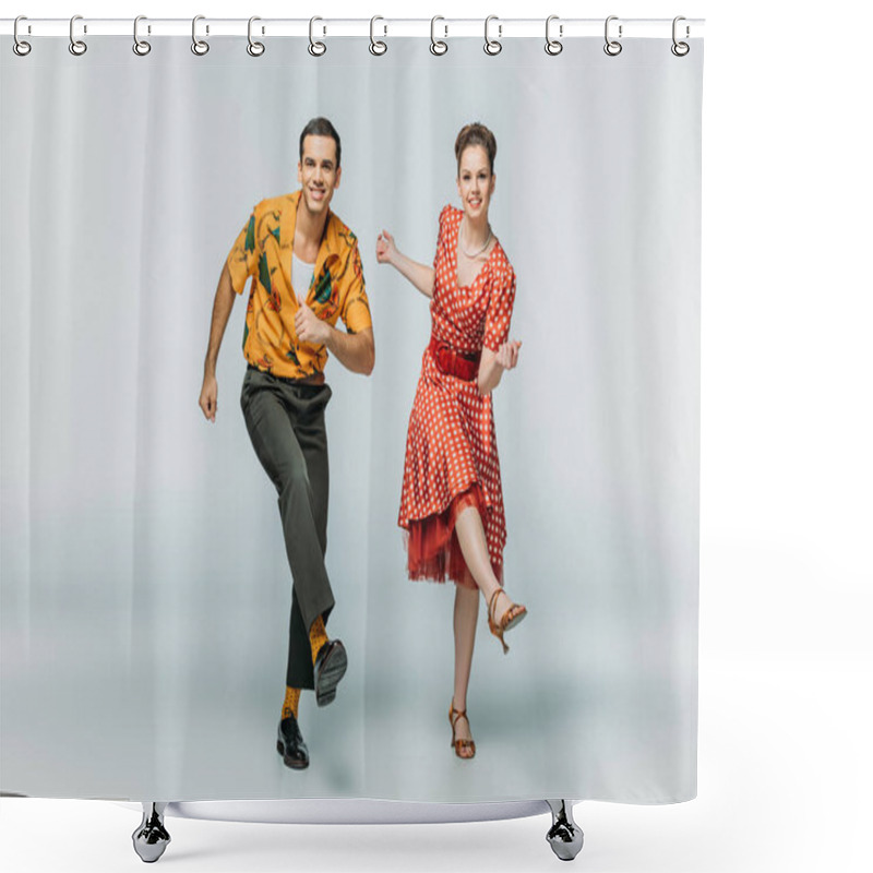 Personality  Stylish Couple Looking At Camera While Dancing Boogie-woogie On Grey Background Shower Curtains