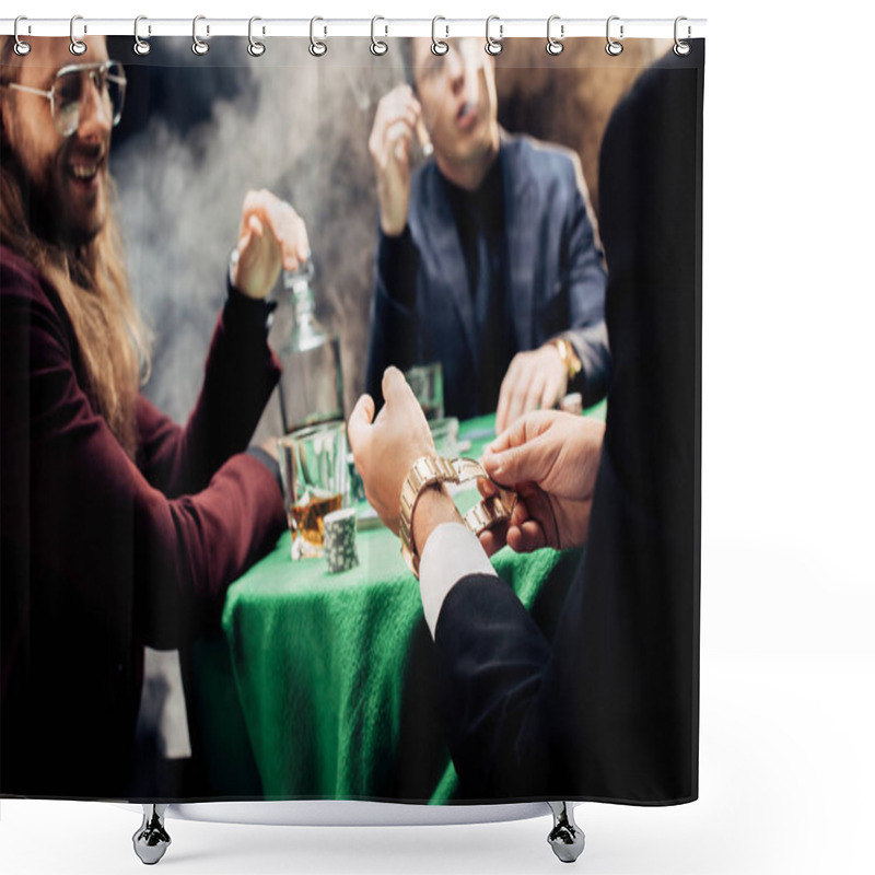 Personality  Selective Focus Of Player Holding Watch While Playing Poker On Black  Shower Curtains