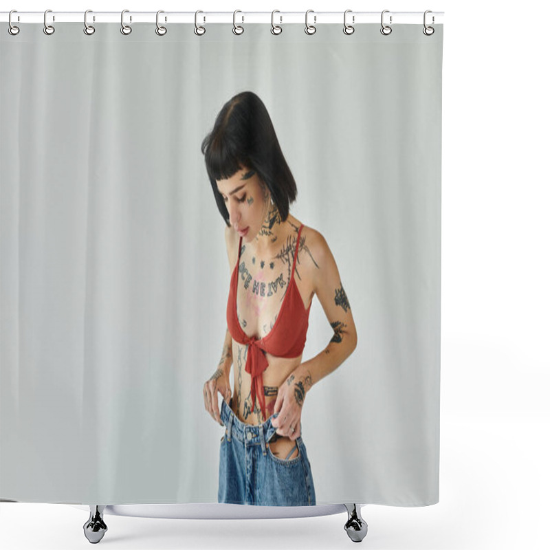 Personality  A Fashionable Woman Showcases Her Tattoos With A Captivating Expression. Shower Curtains