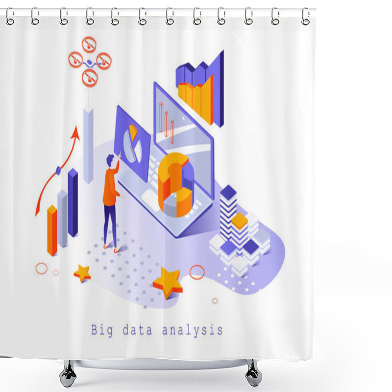 Personality  Big Data Analysis Concept In 3d Isometric Design. User Making Marketing Research, Works With Business Statistics In Online Data Center, Web Template With People Scene. Vector Illustration For Webpage Shower Curtains