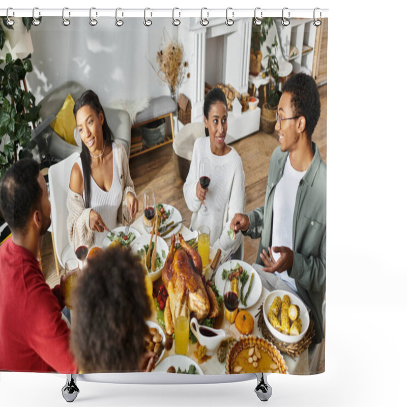 Personality  A Group Of Friends Shares A Festive Meal, Filled With Laughter And Gratitude On Thanksgiving Day. Shower Curtains