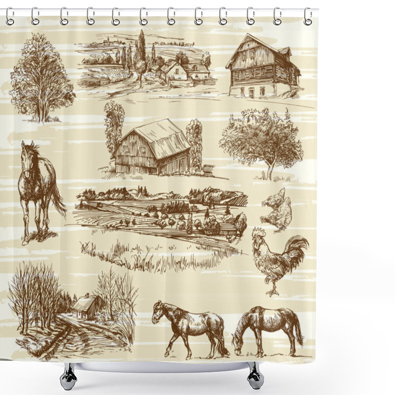 Personality  Rural Landscape And Houses - Hand Drawn Collection Shower Curtains