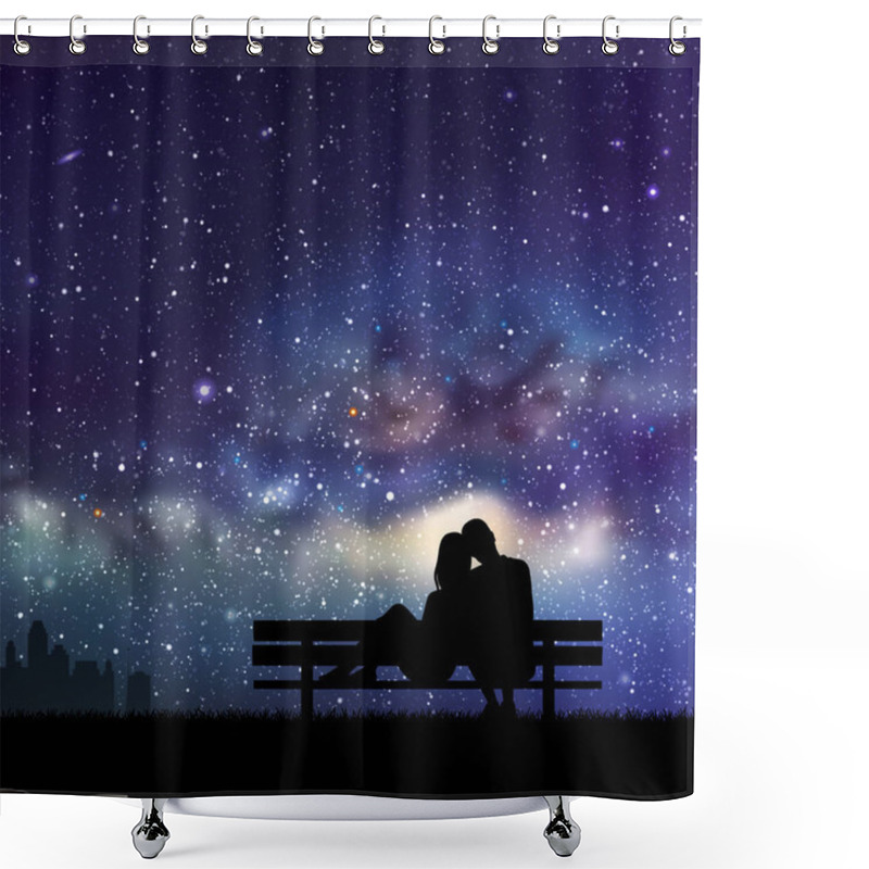 Personality  Lovers On Bench In Park. Couple Silhouette At Night. Milky Way At Sky Shower Curtains