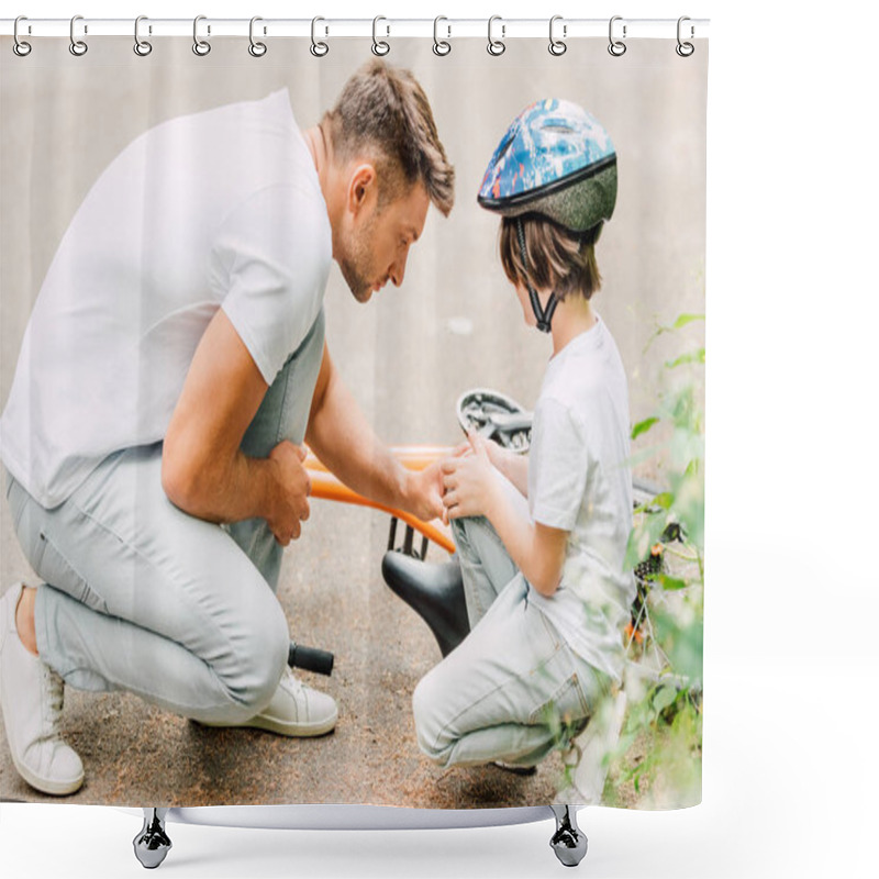 Personality  Father Looking At Knee Of Son Because Boy Fell From Bicycle Shower Curtains