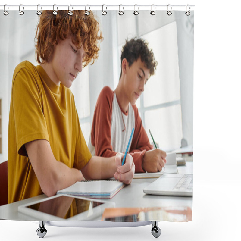 Personality  Redhead Schoolboy Writing On Notebook Near Devices And Blurred Classmate In School At Background Shower Curtains