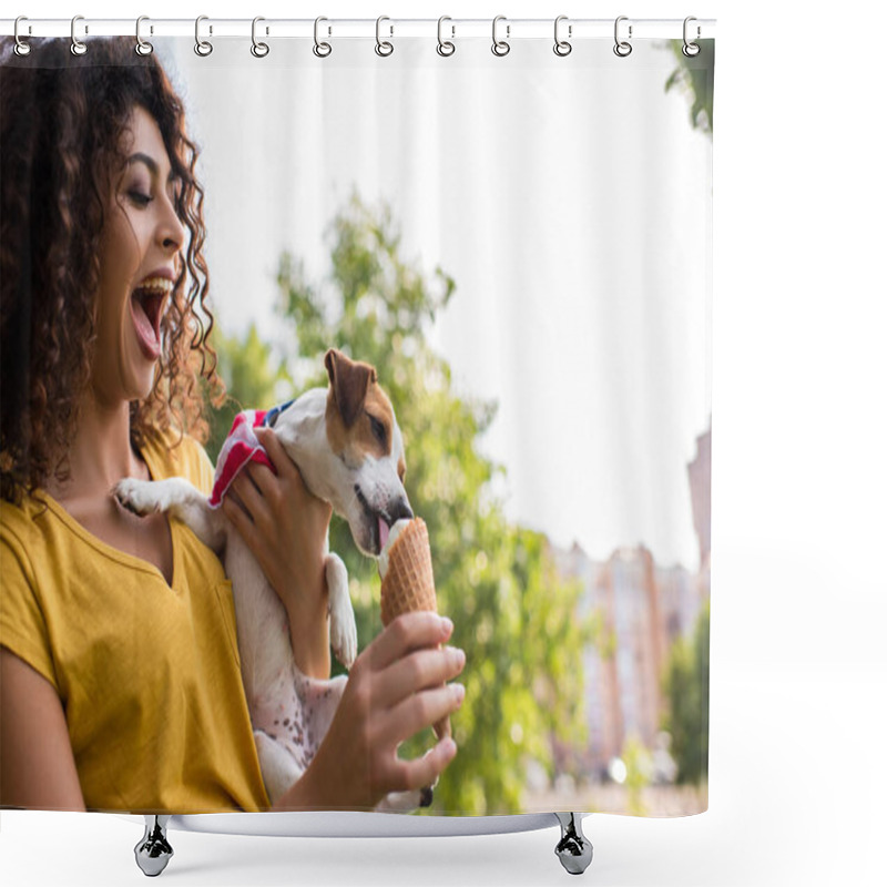 Personality  Selective Focus Of Young Woman With Open Moth Looking At Dog Licking Ice Cream Shower Curtains