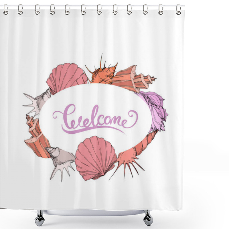 Personality  Vector Summer Beach Seashell Tropical Elements. Engraved Ink Art. Frame Border Ornament Square. Shower Curtains