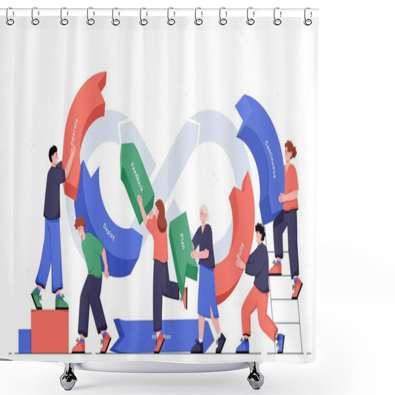 Personality  Software Engineering Culture. Men And Women Collect Sign Of Infinity From Different Parts. Program And Application Development. Programmers And IT Specialists. Cartoon Flat Vector Illustration Shower Curtains