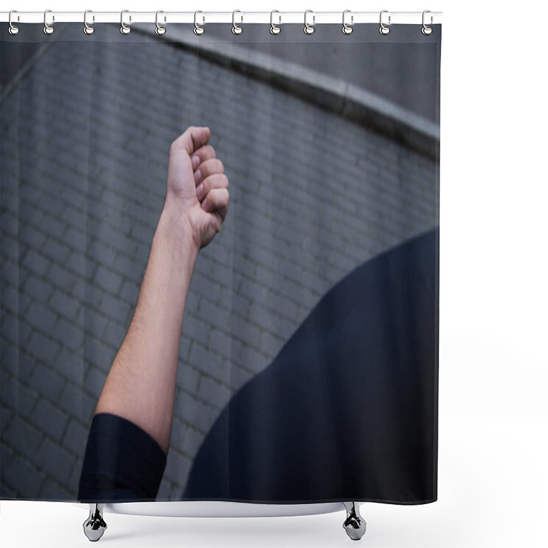 Personality  Cropped View Of Male Hand With Bricks On Background  Shower Curtains