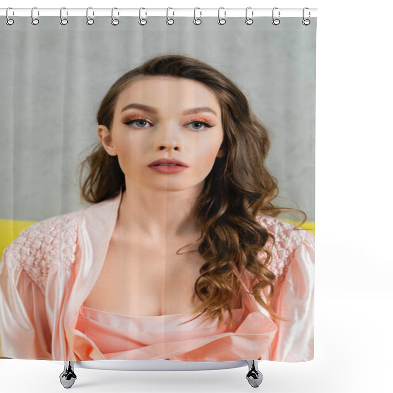 Personality  Portrait Of Beautiful Young Woman With Brunette Wavy Hair Looking At Camera, Headshot, Pink Robe, Housewife With Evening Makeup, Doll Concept, Feminine Youth  Shower Curtains