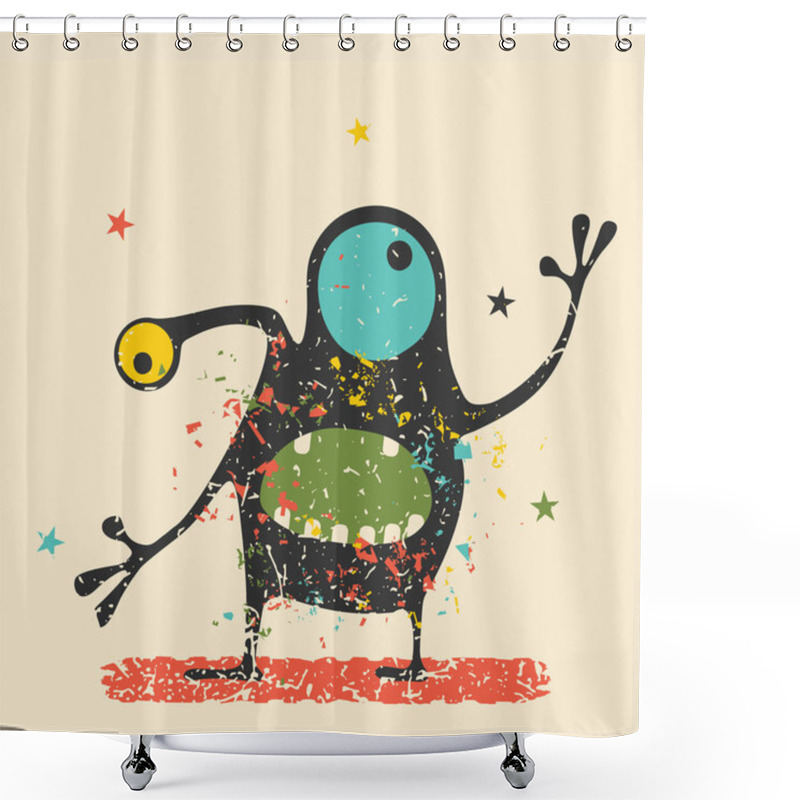 Personality  Cute Black Monster With Emotions On Retro Grunge Background. Cartoon Illustration.  Shower Curtains