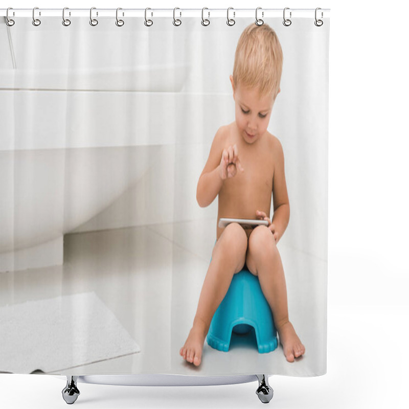 Personality  Cute Toddler Boy Sitting On Blue Potty And Using Smartphone Near Bathtub  Shower Curtains