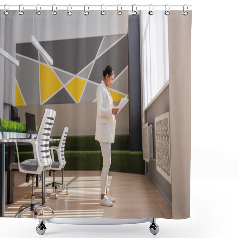 Personality  Side View Of Multiracial Businesswoman In White Suite Standing With Documents In Office Shower Curtains