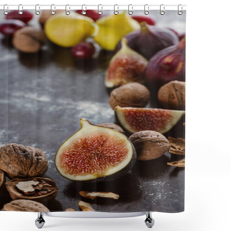 Personality  Close Up View Of Figs And Hazelnuts Arranged On Tabletop Shower Curtains