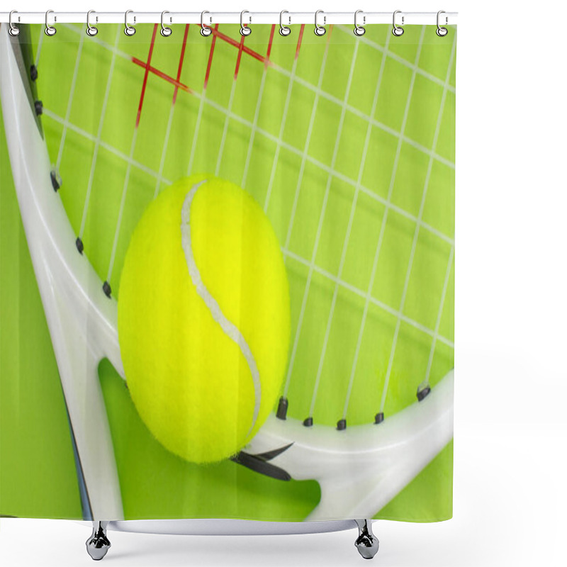 Personality  Tennis Ball With Racket On A Green Background. The Concept Of Sports. Shower Curtains